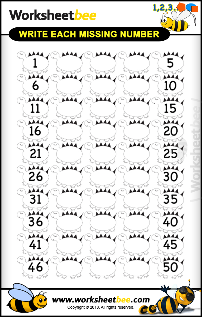 Printable Worksheet For Kids About Write Each Missing Number 1 50 Worksheet Bee