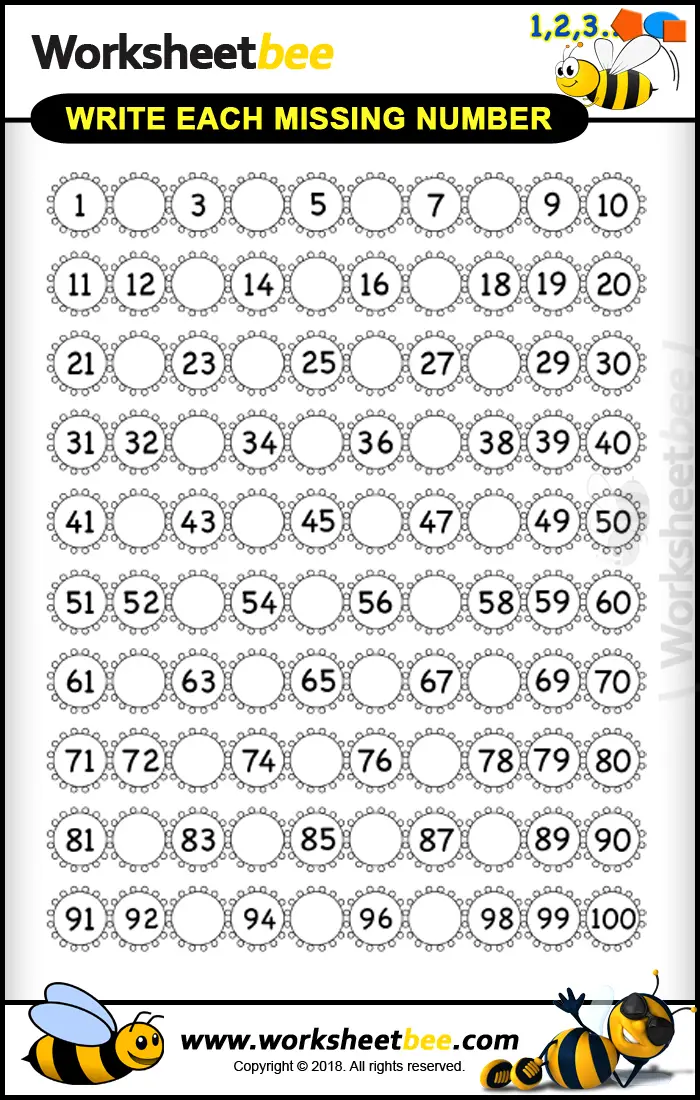 Write Each Missing Number 1 100 Printable Worksheet for Kids About To