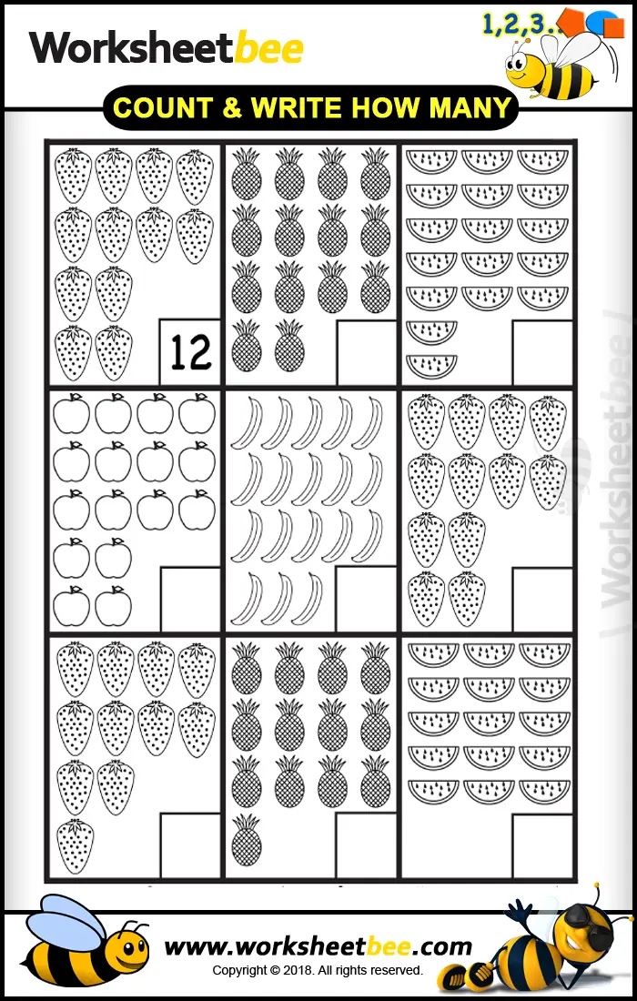 Count and Write How Many Strawberries Apples Banana Worksheet