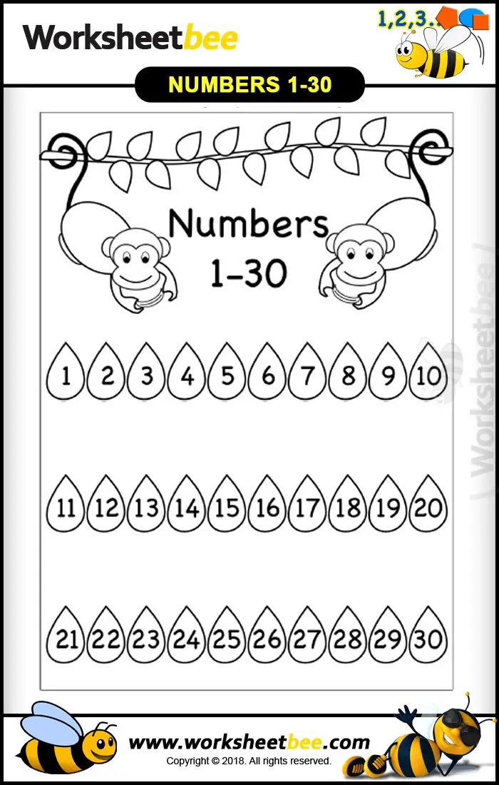printable worksheet for kids from monkey style numbers 1 30 worksheet bee
