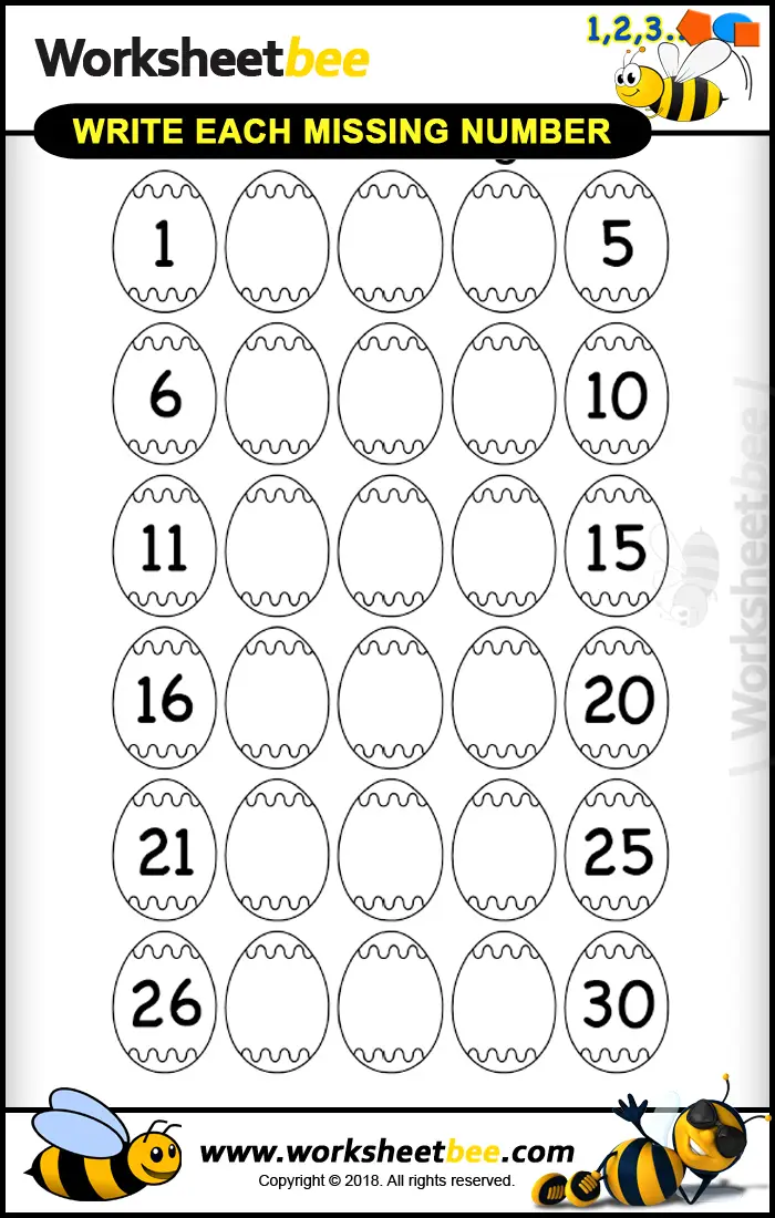 Printable Worksheet for Kids About to Write Each Missing Numbesr 1 30