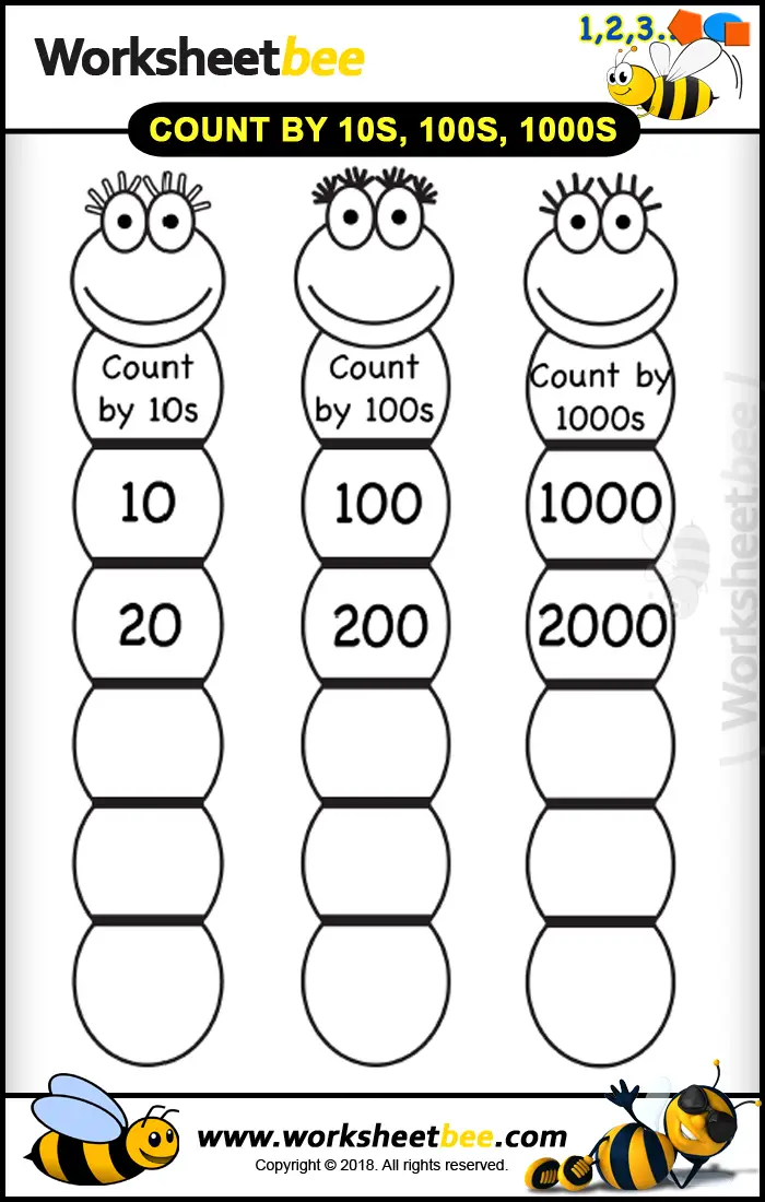 Printable Worksheet for Kids Count by 10s 100s 1000s Big Caterpillars