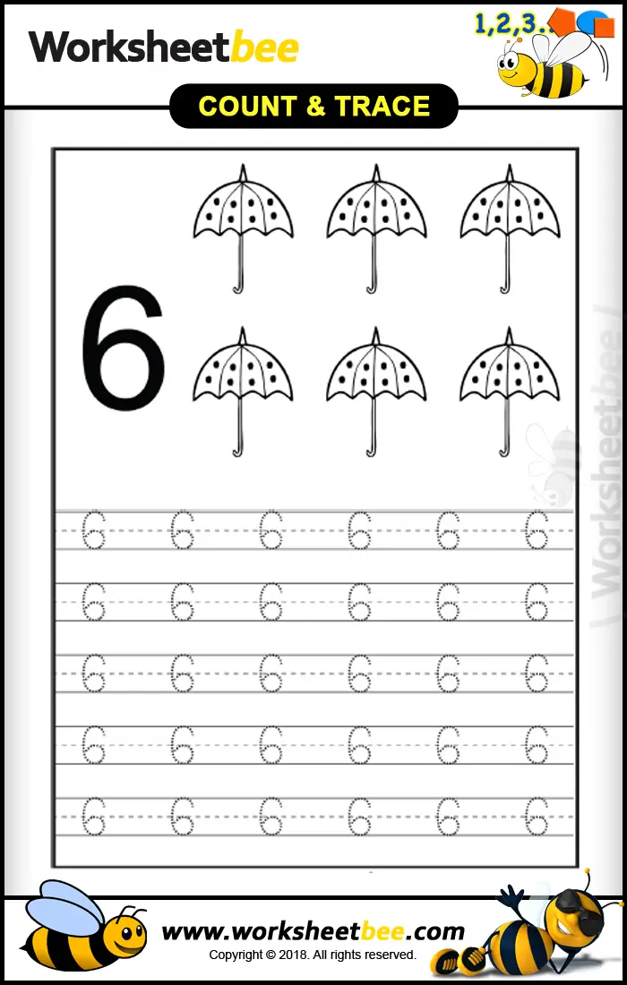 umbrella count and trace 6 for kids