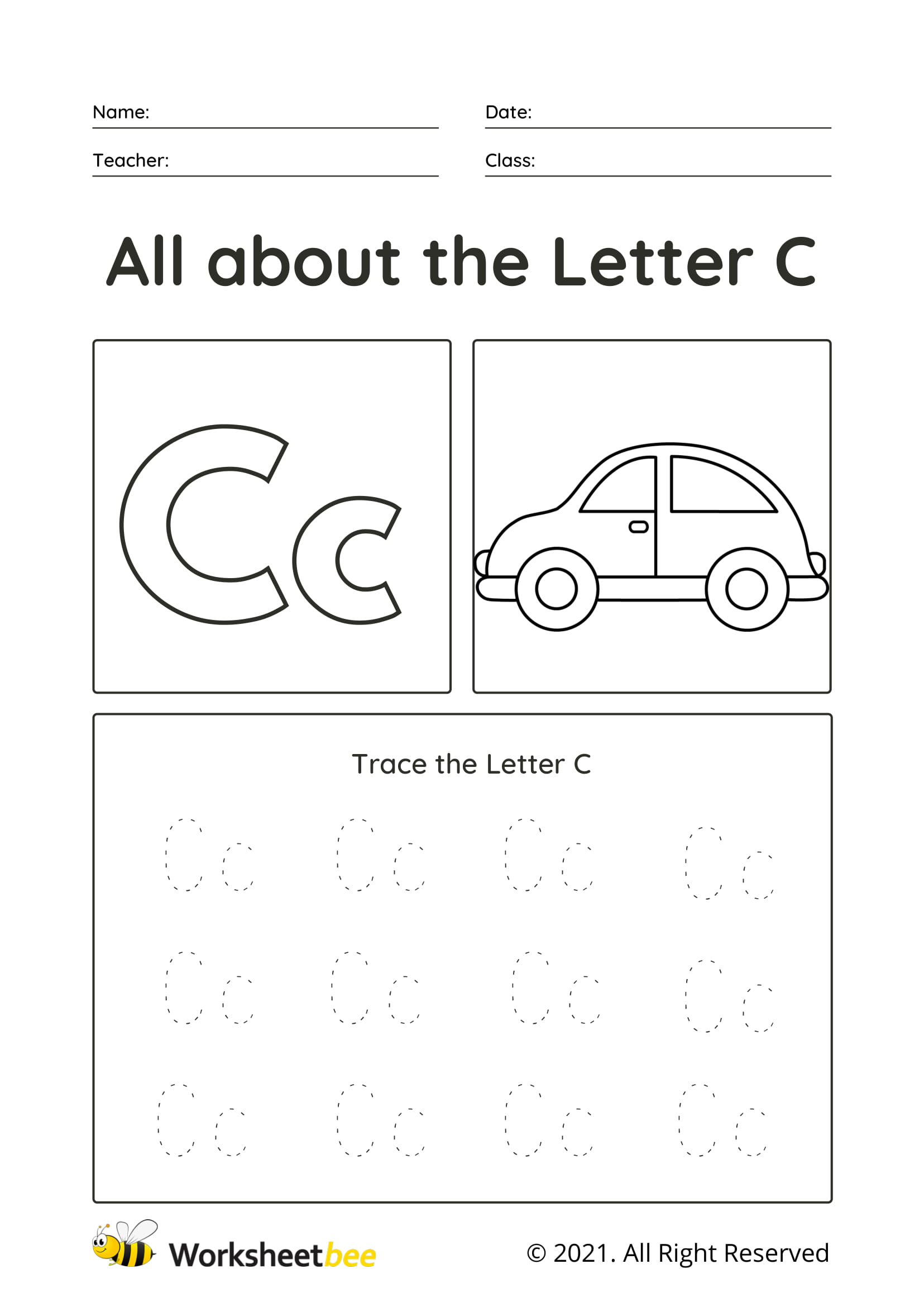 Letter C Uppercase and lowercase tracing sheet for kids - Worksheet Bee