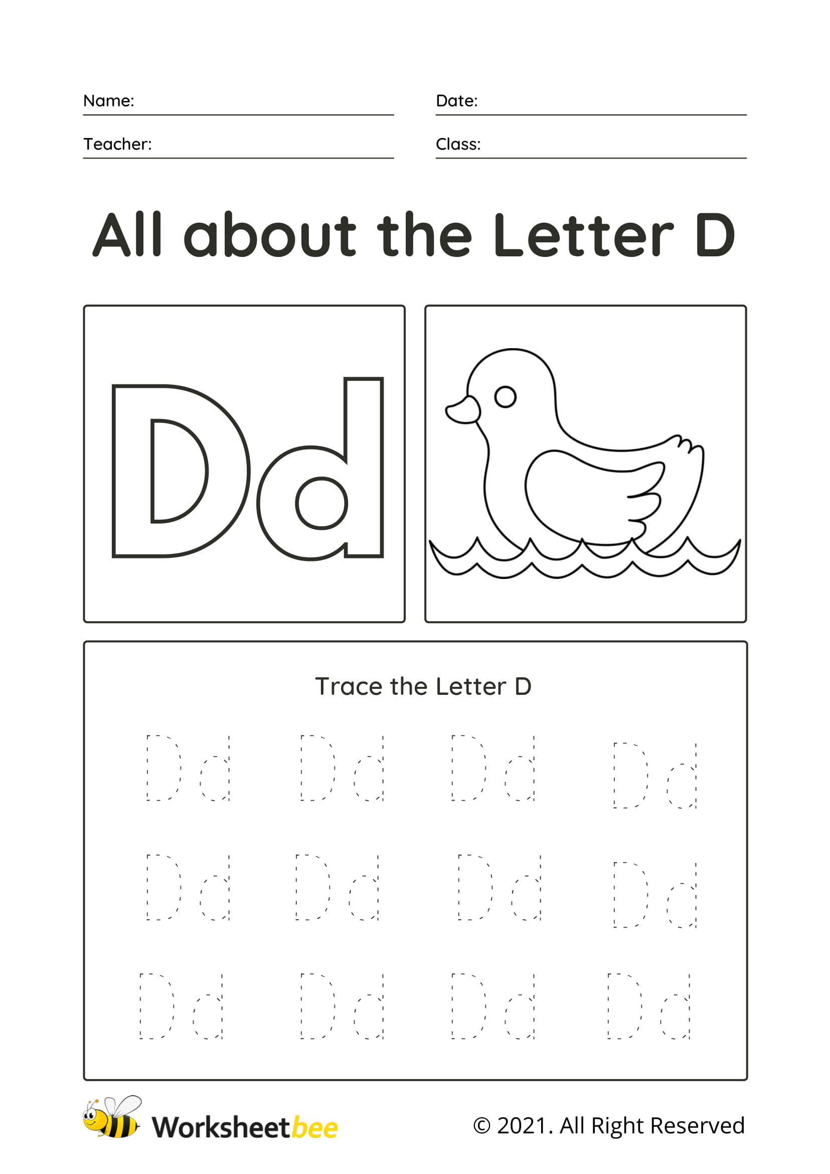 Letter D Uppercase and lowercase tracing sheet for kids