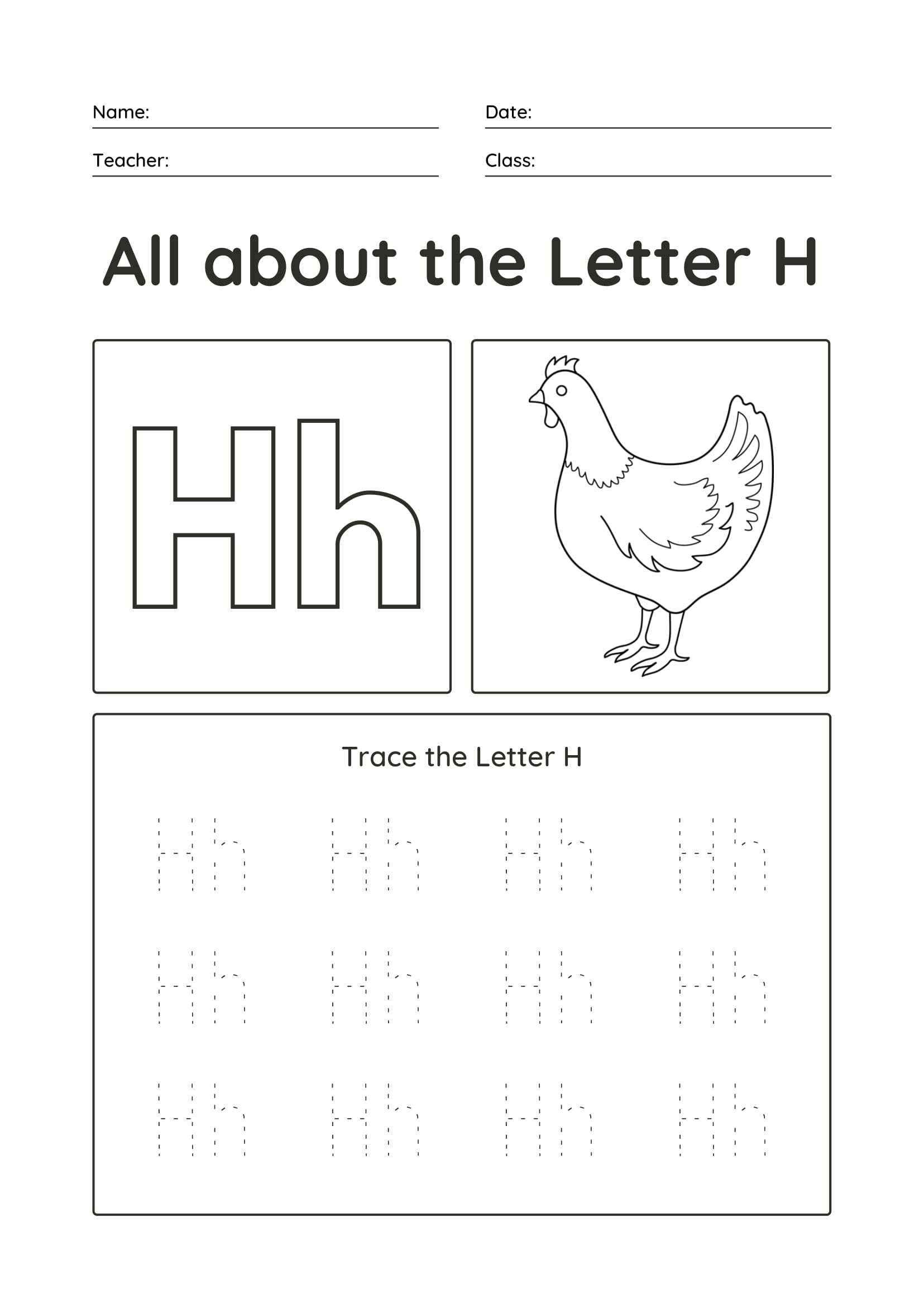 Letter H printable Uppercase and lowercase tracing sheet for kids