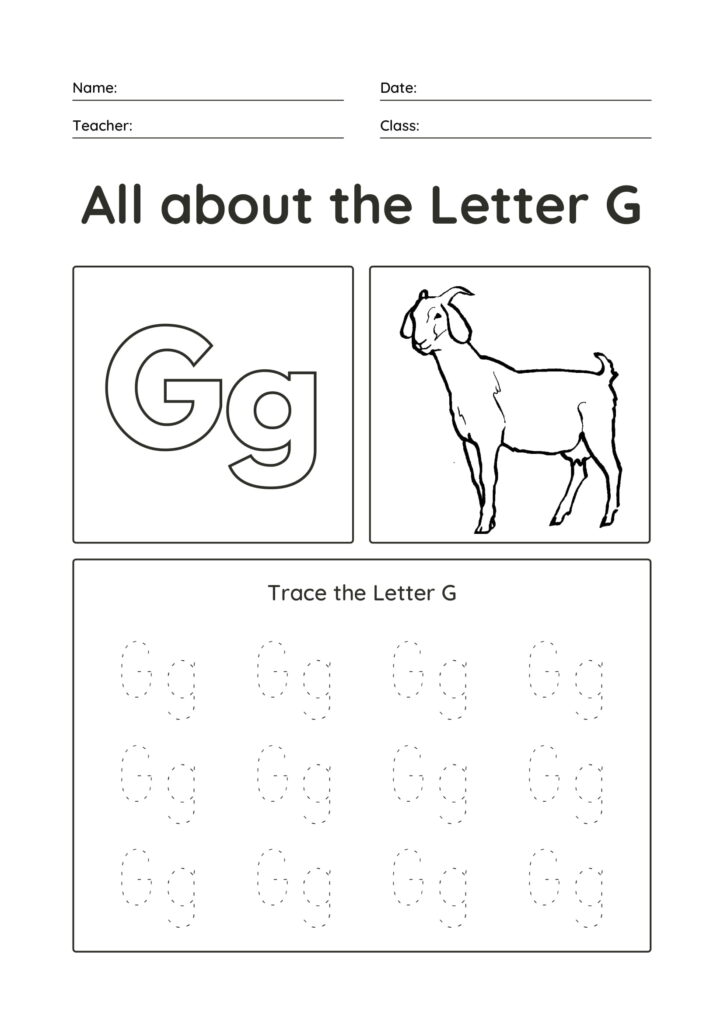Printable Letter G Uppercase and lowercase tracing sheet for kids