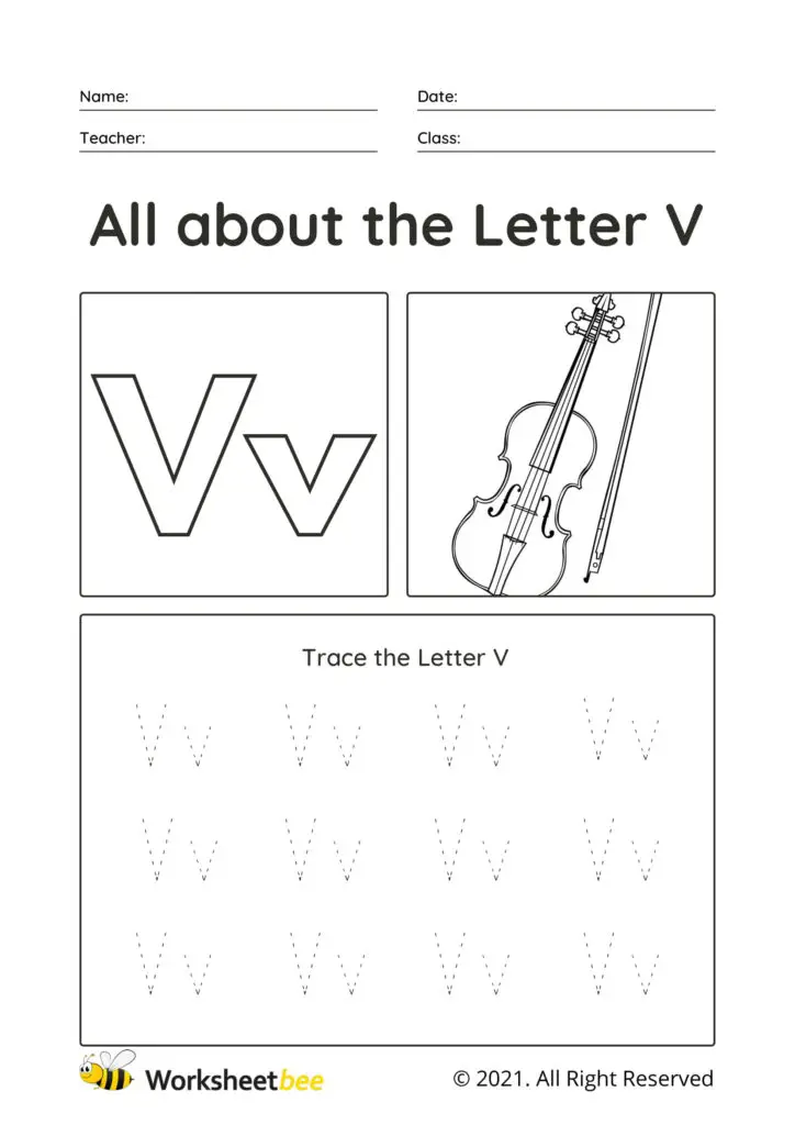 Printable Letter V Uppercase and lowercase tracing sheet for kids