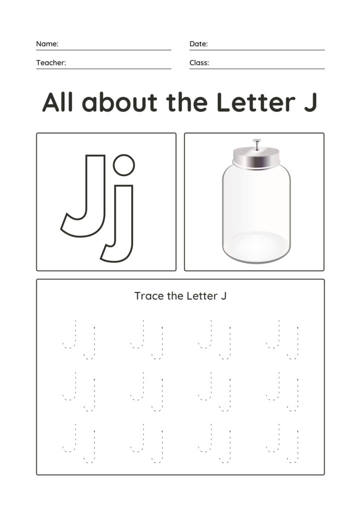 Printable Trace Sheet of Letter J Uppercase and lowercase tracing sheet for kids